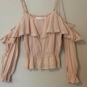 ASTR Blush Pink Lace-Trim Cold Shoulder Ruffle Top